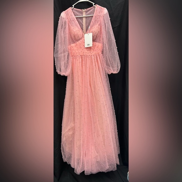 Mac Duggal 20746 NWT Long Sheer Sleeve Draped Pearl Beaded Gown - Picture 1 of 4